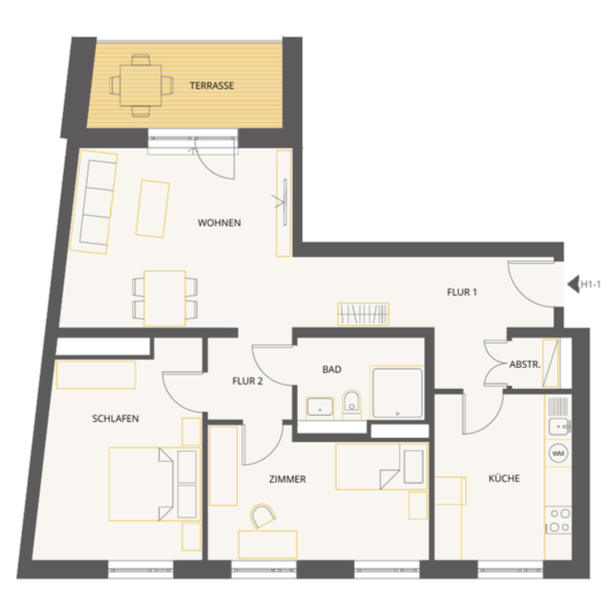 Grundriss 3-Zimmer-Wohnung, Haus 1 Wohnung 1